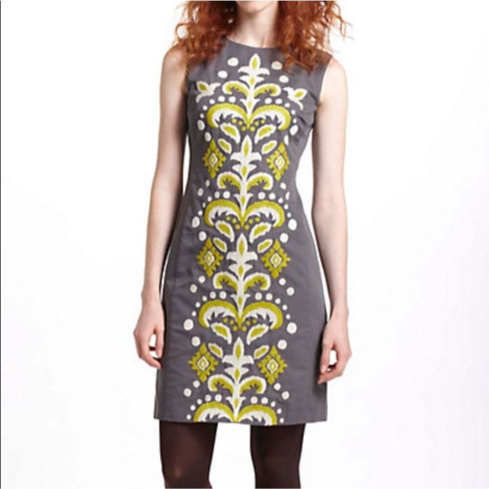 Anthropologie Tabitha Fountain Embroidered Shift Dress Dark Gray Size 4 100% Cot
